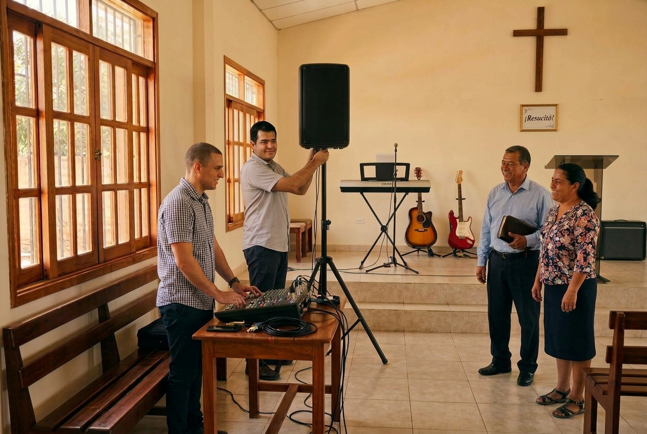 Ilustración: la gente de la iglesia prueba su nuevo equipo de sonido junto al pastor