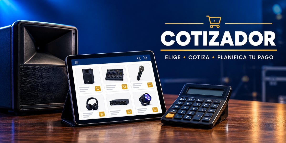 Cotizador: elige, cotiza, planifica tu pago. Corneta, tableta con productos y calculadora.