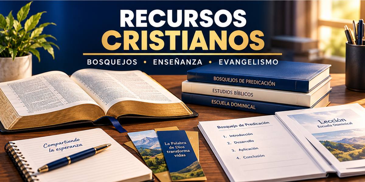 Recursos Cristianos: bosquejos, enseñanza y evangelismo. Biblia abierta, libros y notas de Escuela Dominical.